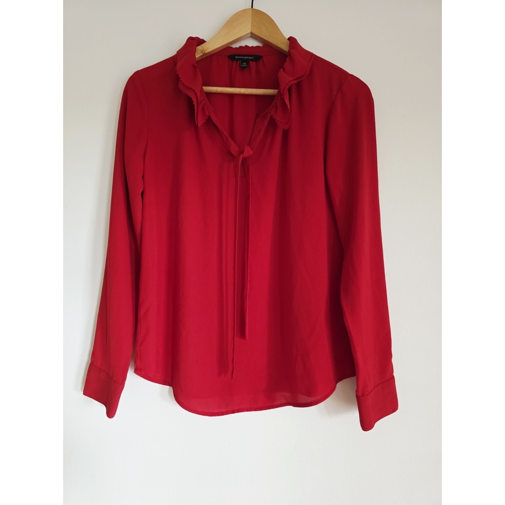 Banana Republic Women's Blouse Laser Trim Ruffle Top Red Size XS Long-Sleeve